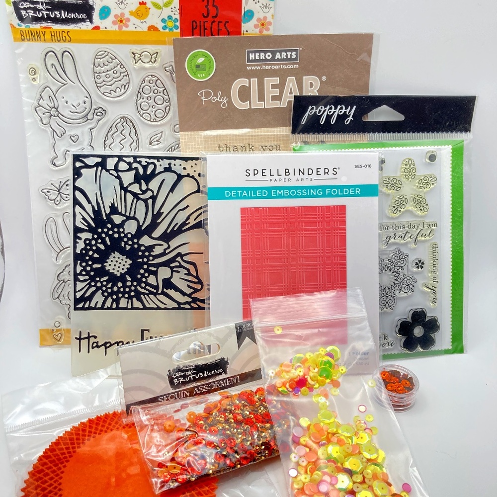 Papercrafting Bundle — Stamps, Embossing Folders, Doilies, and Sequins!